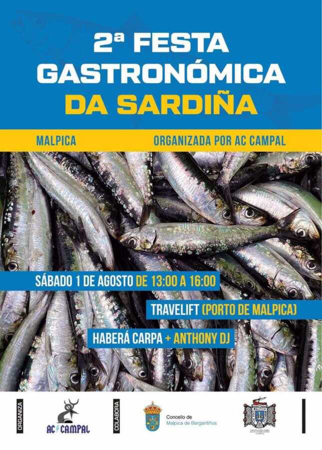 Cartel de la 2ª Festa Gastronómica da Sardiña 2026 en Malpica, en el Travelift del puerto