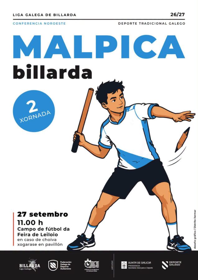 Cartel da 2ª xornada da Liga Galega de Billarda en Malpica, o 27 de setembro no Campo de fútbol da Feira Nova de Leiloio