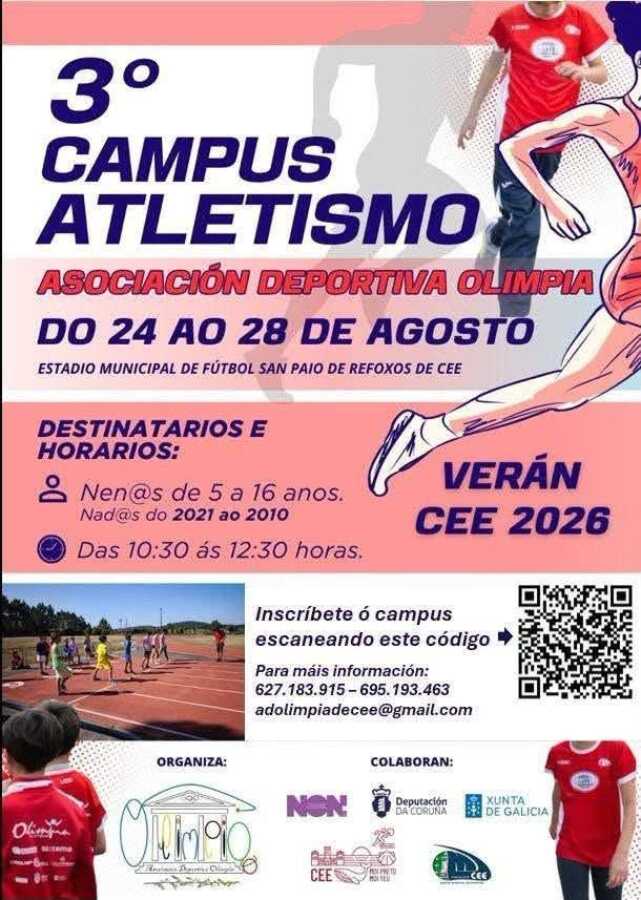 Cartel del 3º Campus de Atletismo de Verán 2026 de la Asociación Deportiva Olimpia en Cee, del 24 al 28 de agosto