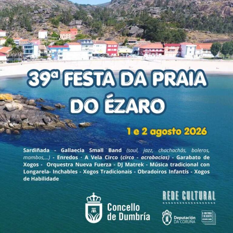 Cartel de la 39ª Festa da Praia do Ézaro, celebrada los días 1 y 2 de agosto de 2026