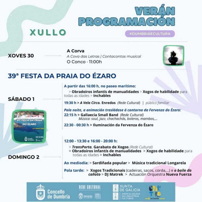 Cartel de la programación de verano de Dumbría con A Corva el 30 de julio y la 39ª Festa da Praia do Ézaro los días 1 y 2 de agosto de 2026