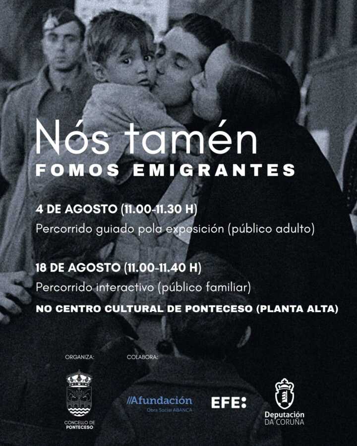 Cartel de las visitas guiadas a la exposición «Nós tamén fomos emigrantes» en el Centro Cultural de Ponteceso