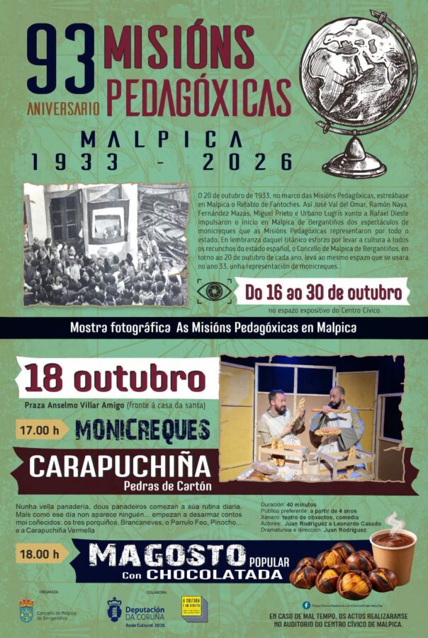 Cartel do 93 aniversario das Misións Pedagóxicas en Malpica: exposición do 16 ao 30 de outubro, monicreques e magosto o domingo 18 de outubro de 2026