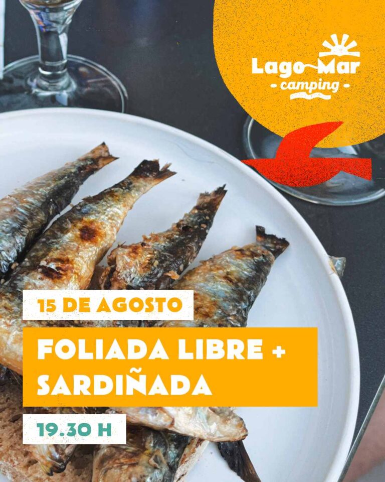 Cartel foliada libre o 15 de agosto de 2025 no camping lago mar de muxía