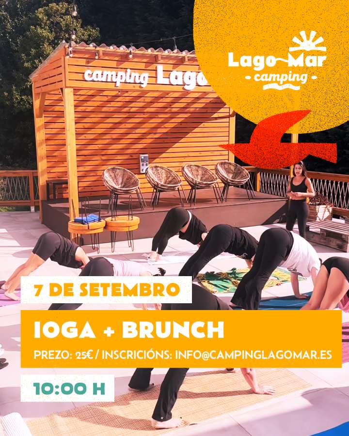 Cartel ioga + brunch en el camping lago mar