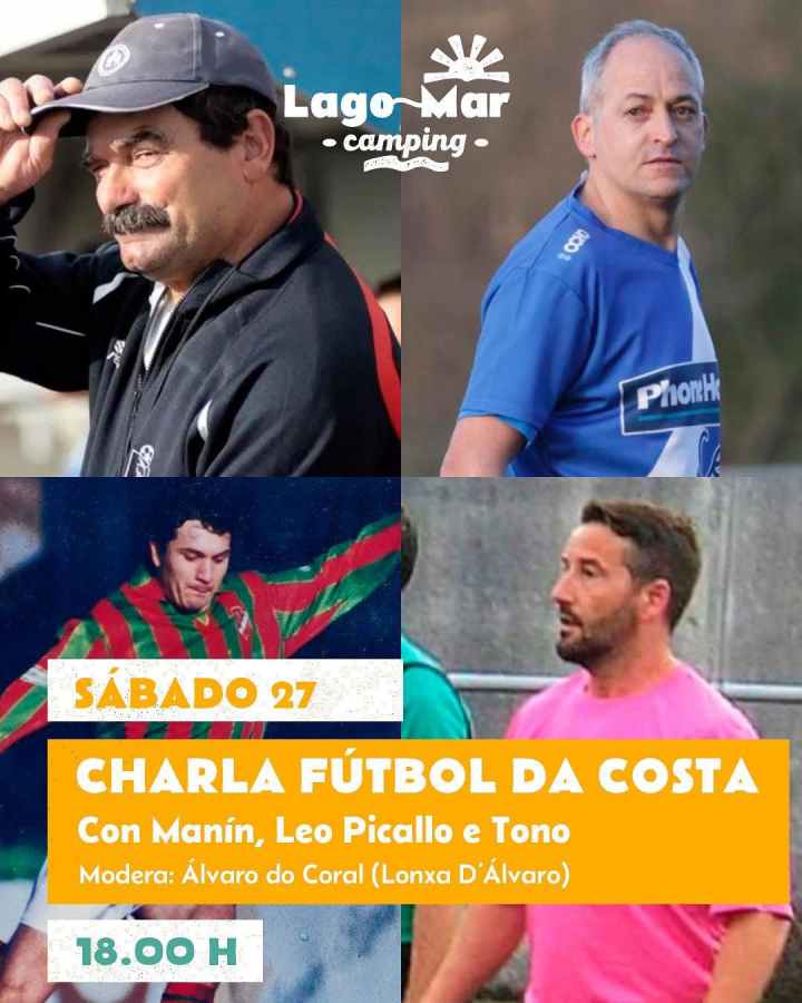 Cartel charla futbol da costa no camping lago mar