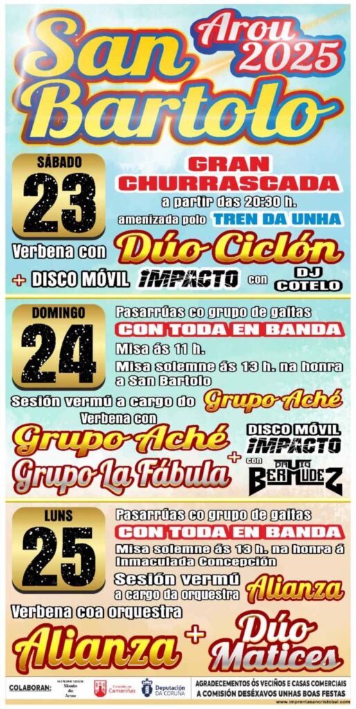 Cartel festas de san bartolo 2025 en arou (camariñas)