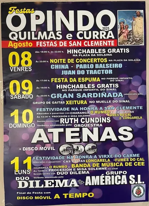 Cartel festas de san clemente en o pindo quilmas e curra