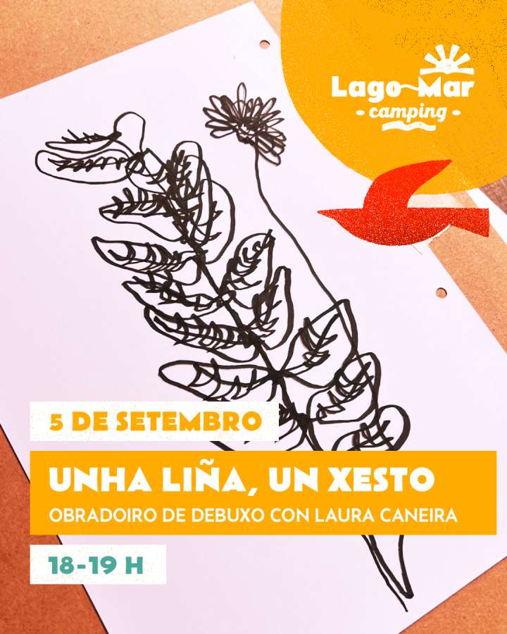 Cartel obradoiro de debuxo con laura caneira no camping lago mar de muxía