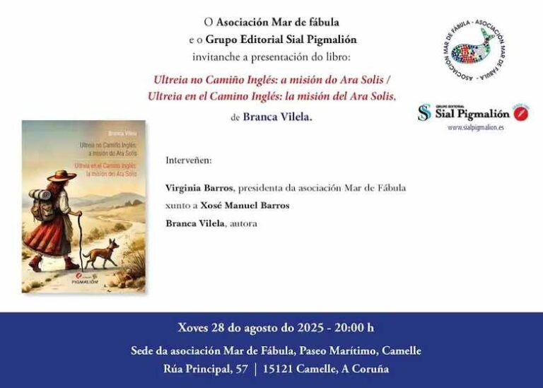 Cartel presentación do libro ultreia no camiño inglés de branca vilela en camelle