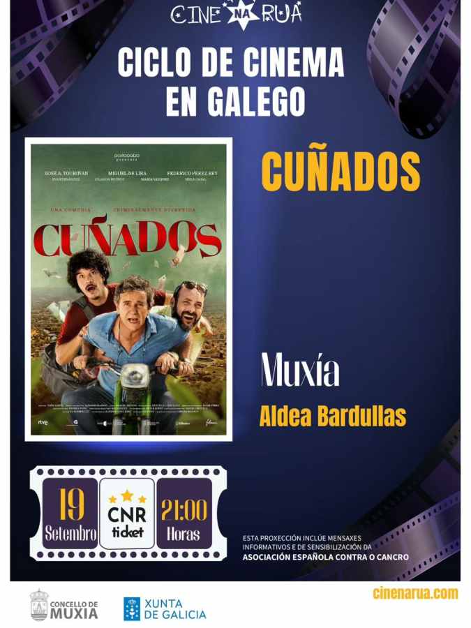 Cartel proyección de la película “cuñados” en muxía – ciclo de cine en galego 2025