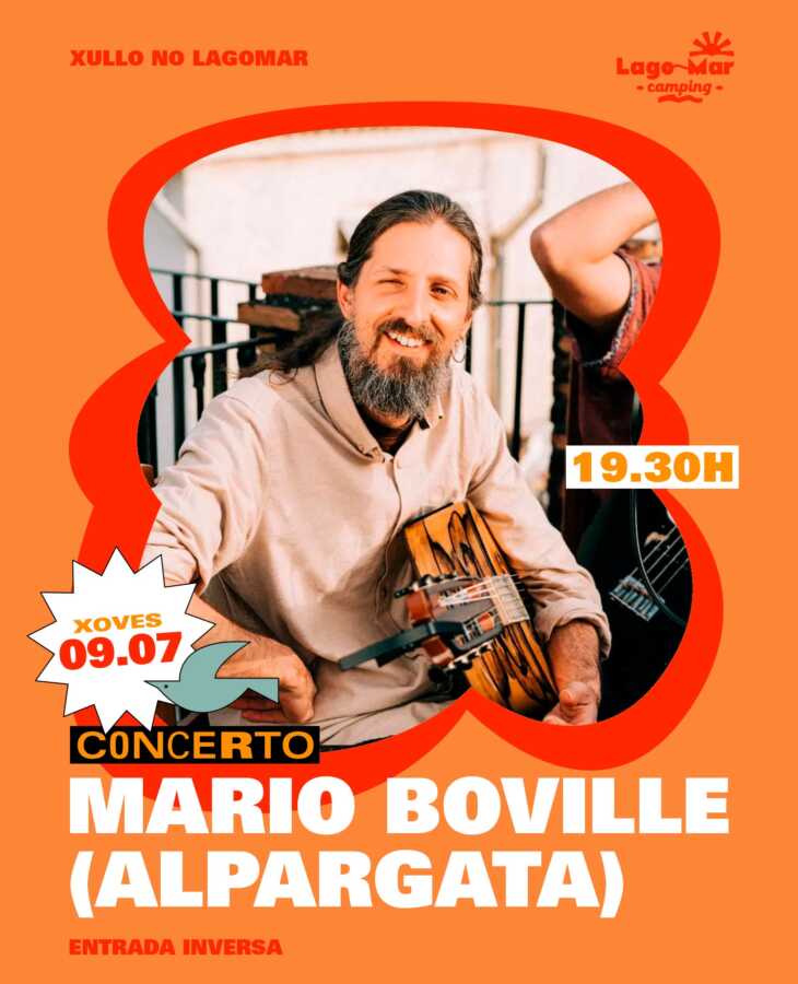 Cartel del concierto de Mario Boville en Camping Lago-Mar el 9 de julio de 2026