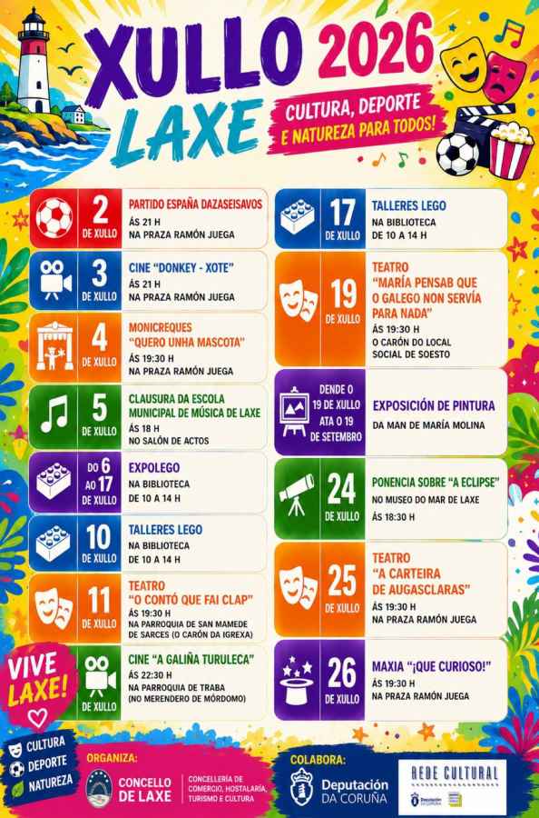 Programación de actividades en julio de 2026 en el Ayuntamiento de Laxe
