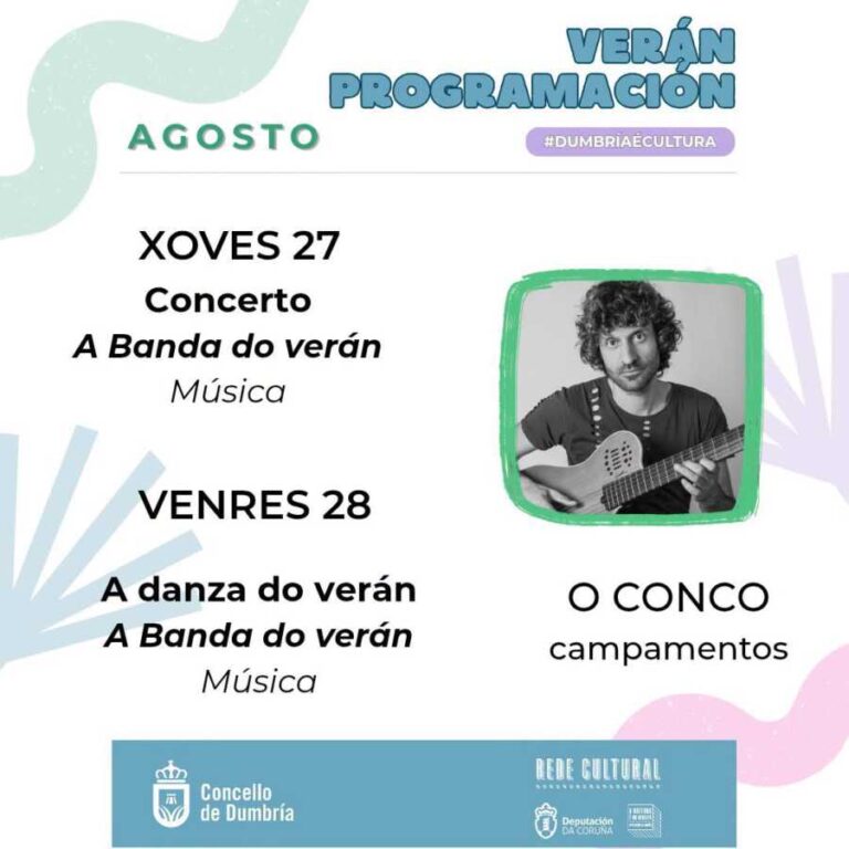 Cartel da programación de verán de Dumbría cos espectáculos A Banda do Verán e A Danza do Verán os días 27 e 28 de agosto de 2026