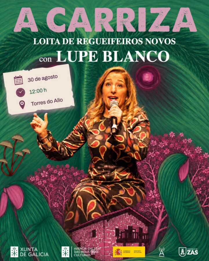 Cartel de A Carriza: Loita de Regueifeiros Novos con Lupe Blanco nas Torres do Allo, o 30 de agosto de 2026.