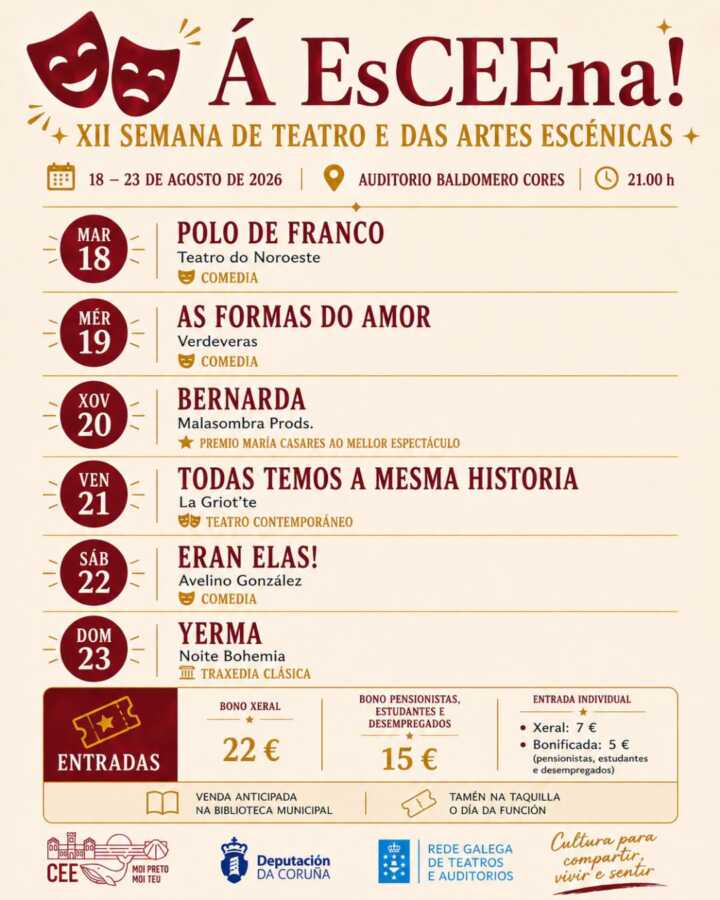 Cartel de Á EsCEEna, XII Semana de Teatro e das Artes Escénicas de Cee, del 18 al 23 de agosto de 2026
