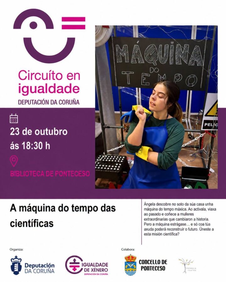 Cartel de A máquina do tempo das científicas de Trémola Teatro, 23 de octubre de 2026 a las 18:30 en la Biblioteca de Ponteceso