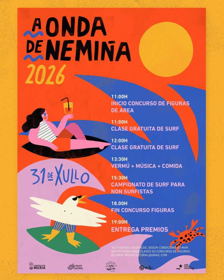Cartel de A Onda de Nemiña 2026 en la playa de Nemiña, Muxía