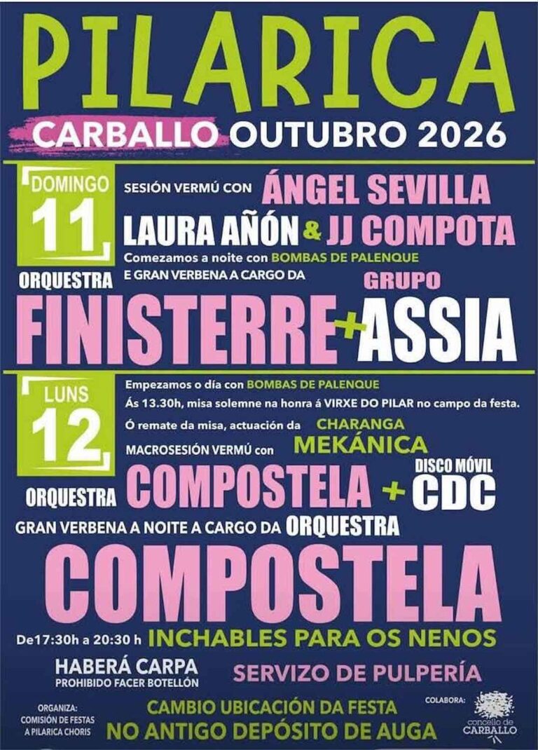 Cartel das festas da Pilarica en Carballo 2026 con orquestras Finisterre, Assia e Compostela