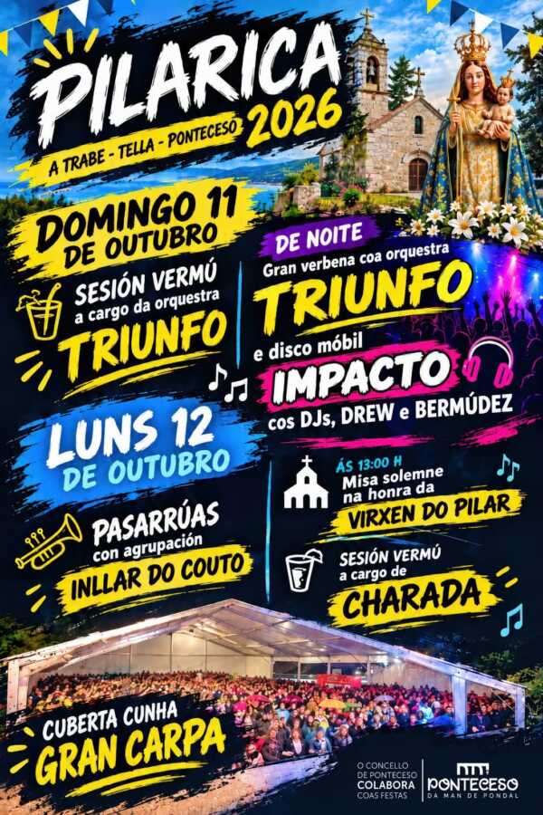 Cartel de A Pilarica 2026 en A Trabe, Tella, Ponteceso, los días 11 y 12 de octubre