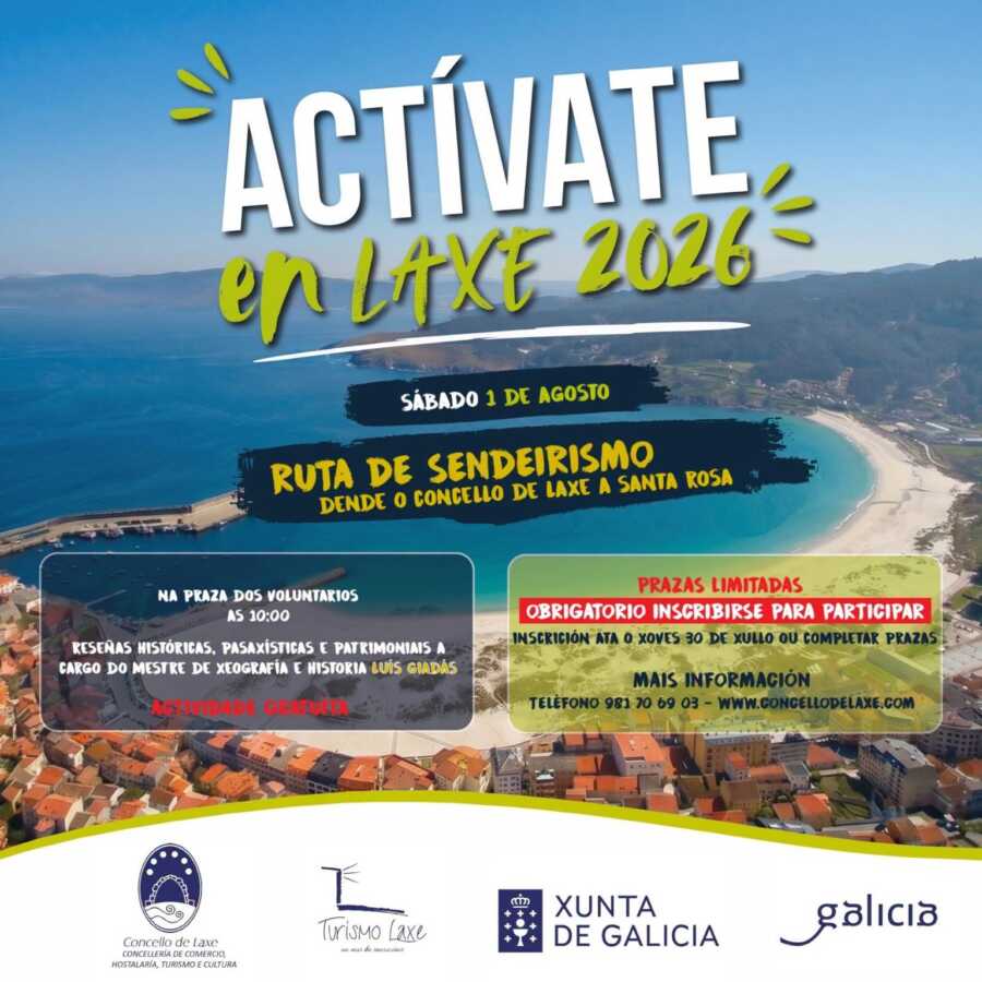 Cartel de Actívate en Laxe 2026 con una ruta de senderismo desde el Concello de Laxe hasta Santa Rosa el 1 de agosto