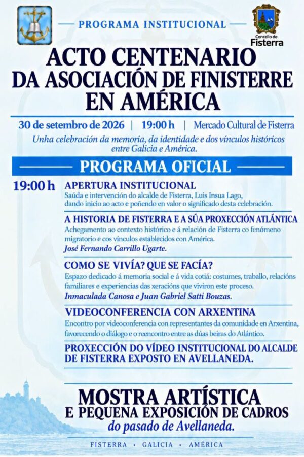 Cartel del acto centenario de la Asociación de Finisterre en América, 30 de septiembre de 2026 en el Mercado Cultural de Fisterra.