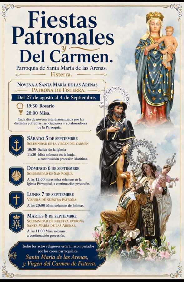 Cartel de los actos religiosos de las Fiestas Patronales y del Carmen de Fisterra 2026