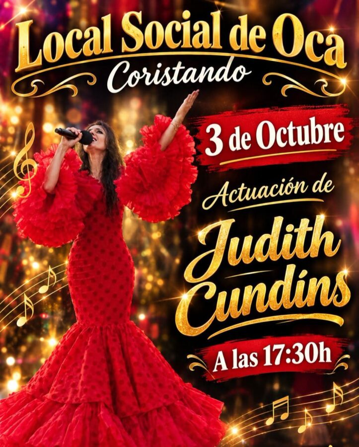 Cartel de la actuación de Judith Cundíns en el Local Social de Oca, Coristanco, el 3 de octubre a las 17:30