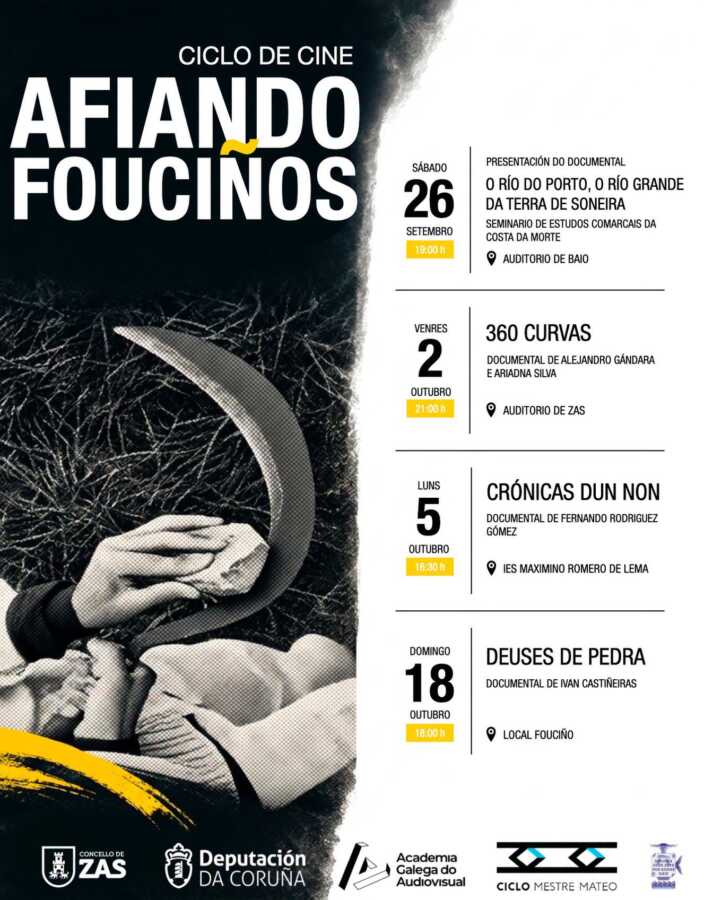 Cartel del ciclo de cine Afiando Fouciños 2026 en el Concello de Zas