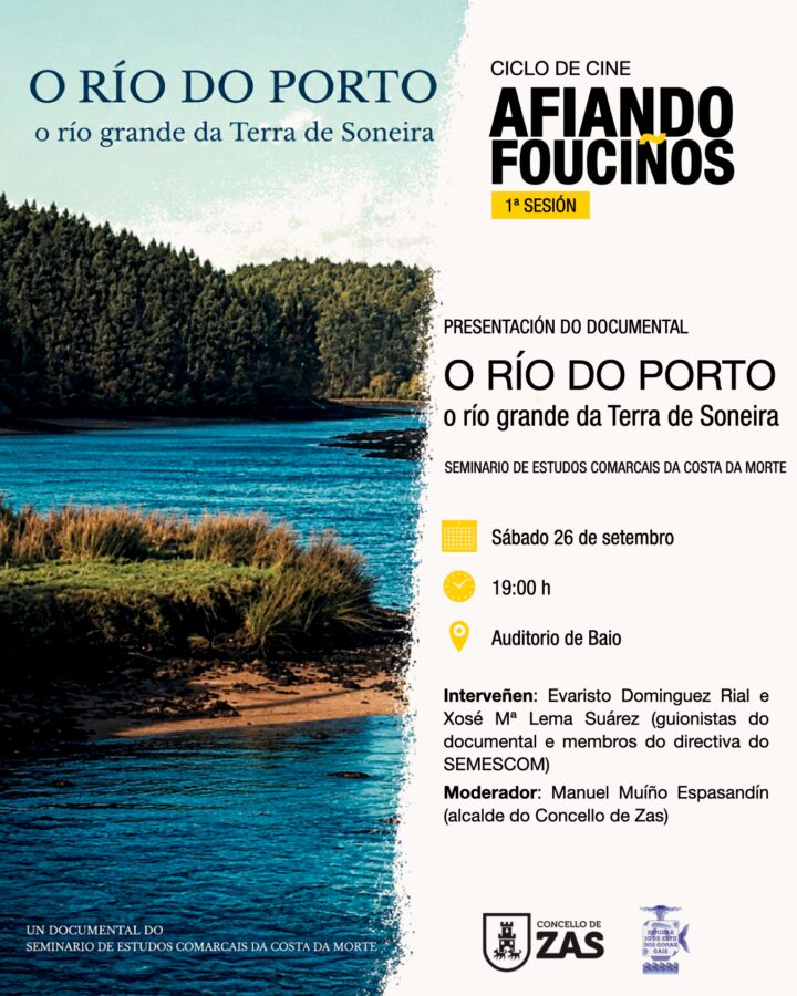 Cartel de la primera sesión del ciclo Afiando Fouciños en Baio, dedicada al documental O río do Porto