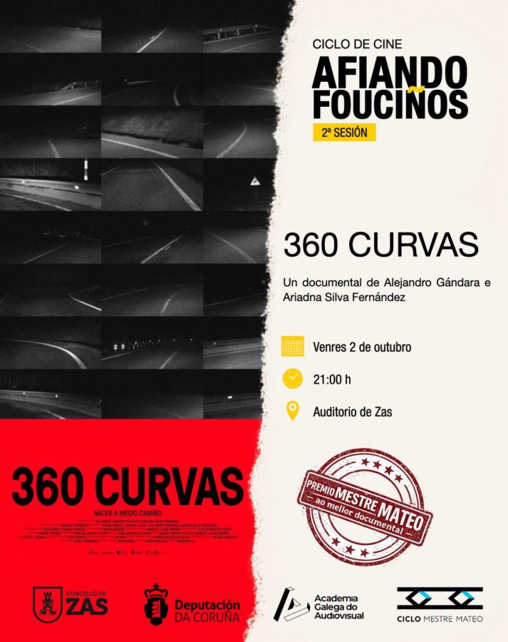Cartel de la segunda sesión del ciclo Afiando Fouciños con la proyección del documental 360 Curvas en el Auditorio de Zas
