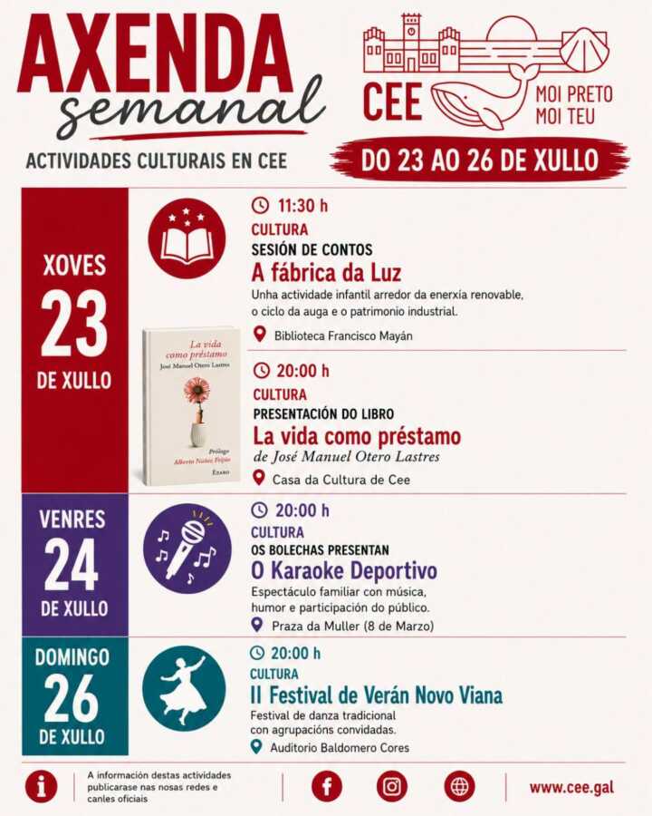 Cartel de la agenda cultural semanal de Cee, del 23 al 26 de julio de 2026, con cuentacuentos, presentación literaria, espectáculo familiar y danza tradicional