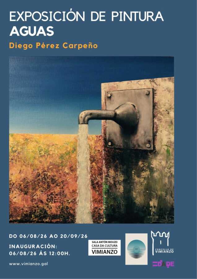 Cartel de la exposición de pintura Aguas de Diego Pérez Carpeño en la Sala Antón Mouzo de Vimianzo