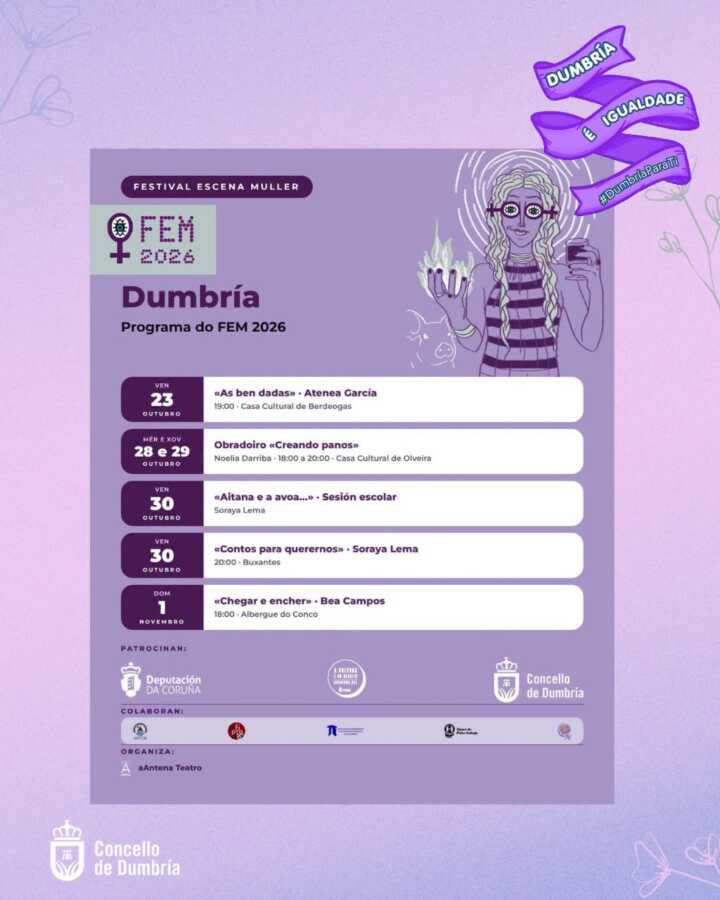 Cartel del Festival Escena Muller 2026 que anuncia Aitana e a avoa, sesión escolar de Soraya Lema el 30 de octubre.