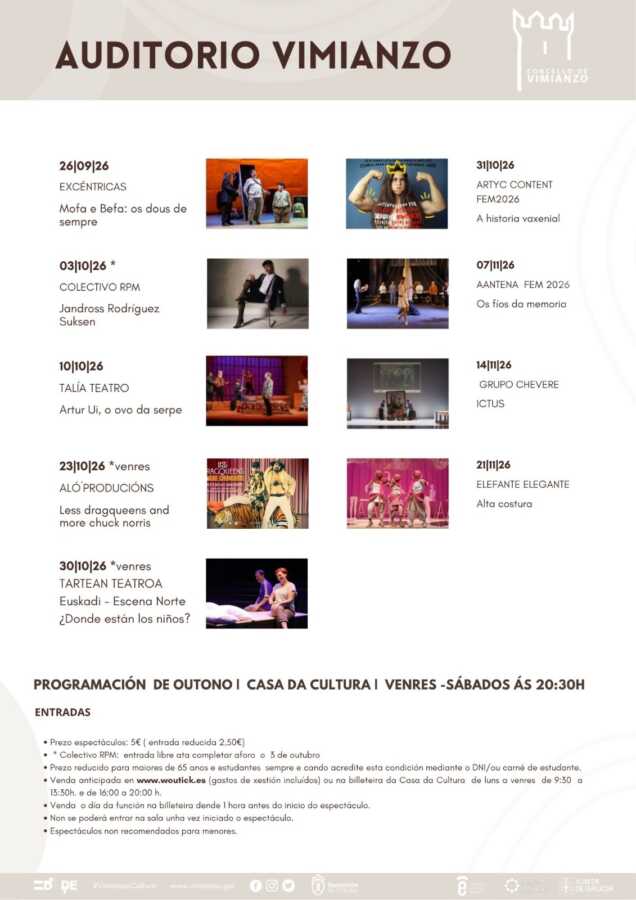 Cartel de la programación de otoño 2026 del Auditorio de Vimianzo, con nueve espectáculos entre septiembre y noviembre
