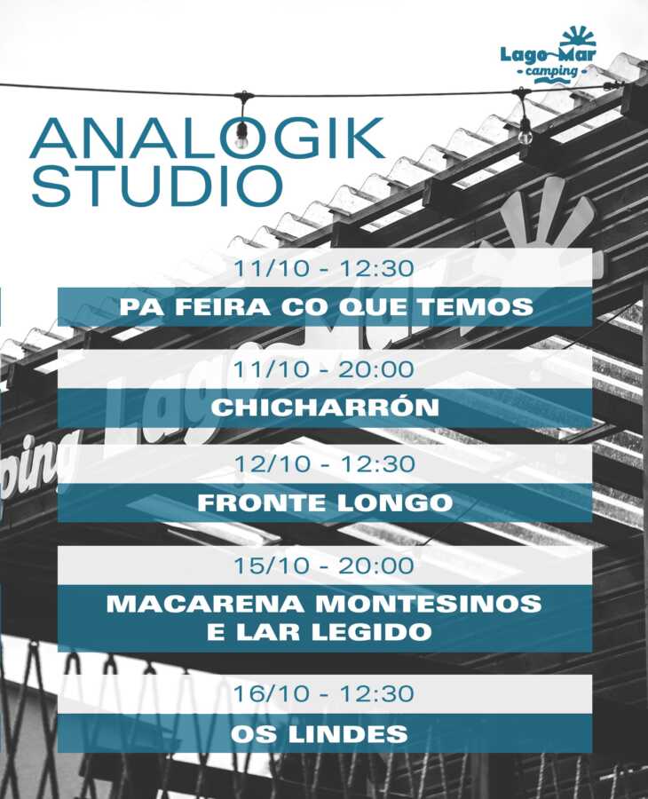 Cartel de la programación musical de Analogik Studio en Camping Lago-Mar, Muxía