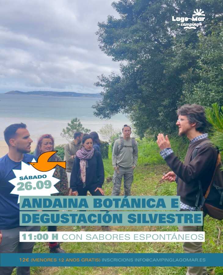 Cartel de la andaina botánica e degustación silvestre en Lago-Mar Camping