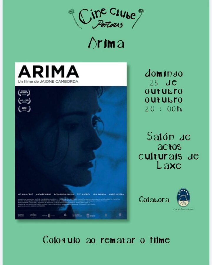 Cartel da proxección de Arima, de Jaione Camborda, organizada polo Cine Clube Portozás en Laxe o 25 de outubro de 2026 ás 20:00 h.