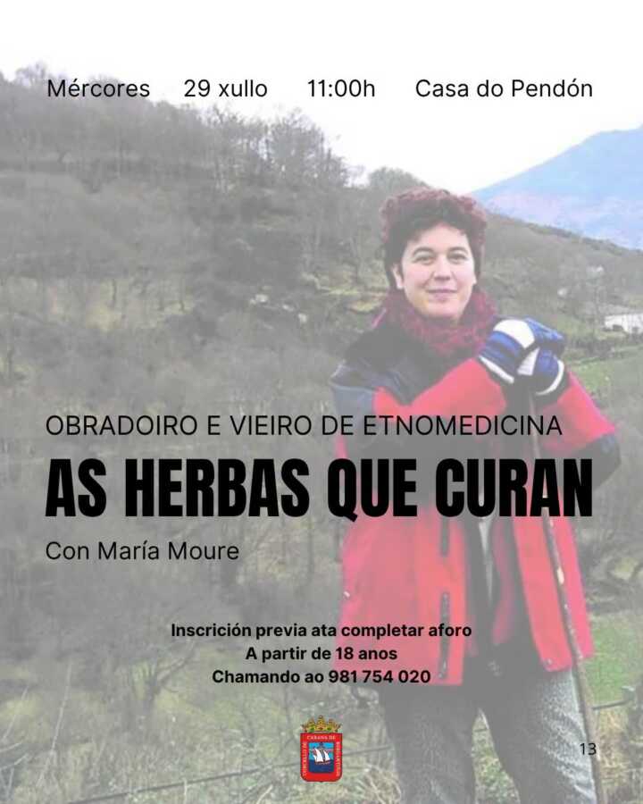 Cartel del taller y recorrido de etnomedicina «As herbas que curan» con María Moure en la Casa do Pendón.