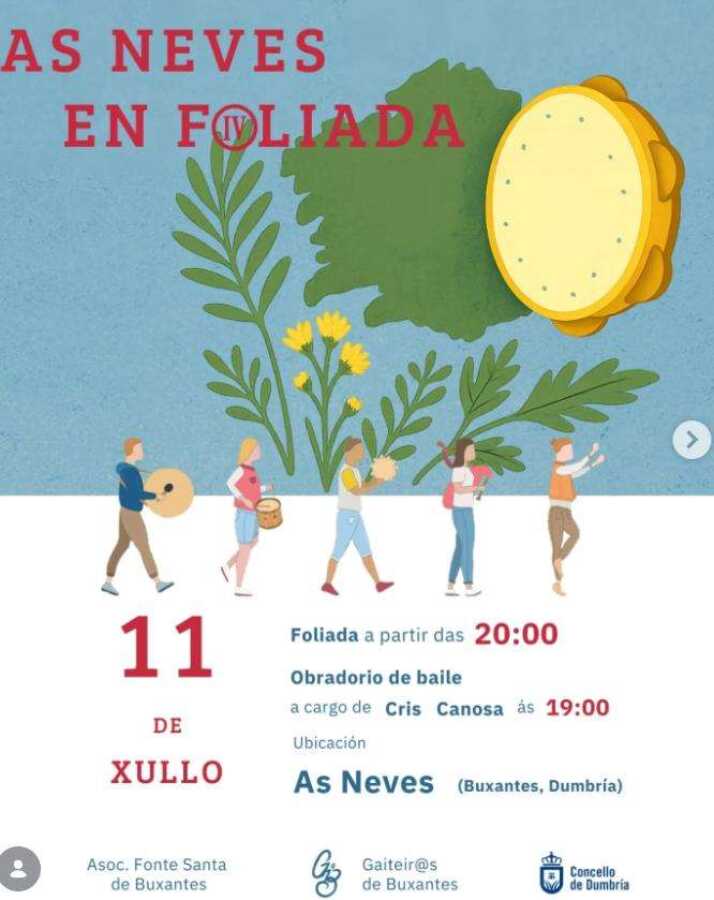 Cartel de As Neves en Foliada 2026 en Buxantes, Dumbría, el 11 de julio, con taller de baile y foliada.