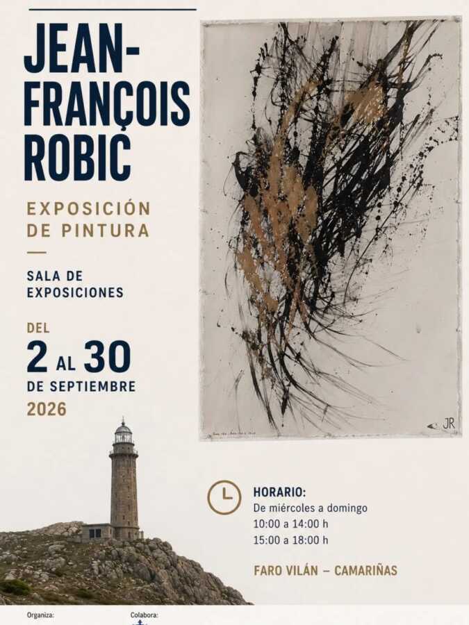 Cartel de la exposición «Au bord du monde» de Jean-François Robic en el Faro Vilán, Camariñas, del 2 al 30 de septiembre de 2026.