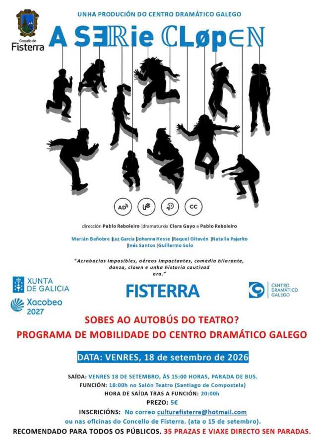 Cartel do programa de mobilidade teatral de Fisterra para asistir a A serie clopen no Salón Teatro de Santiago o 18 de setembro de 2026