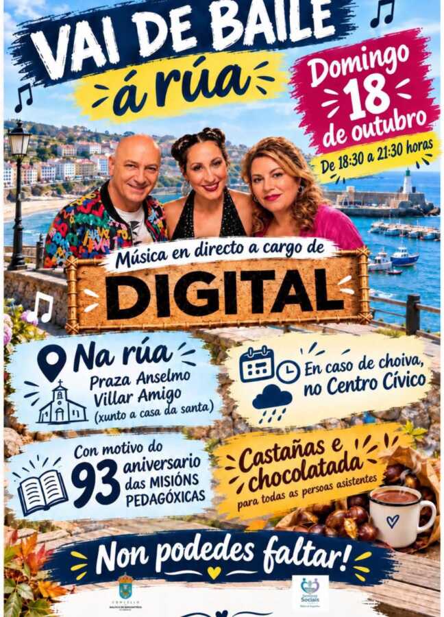 Cartel de Vai de baile á rúa con Digital en Malpica o domingo 18 de outubro de 2026, de 18:30 a 21:30 horas