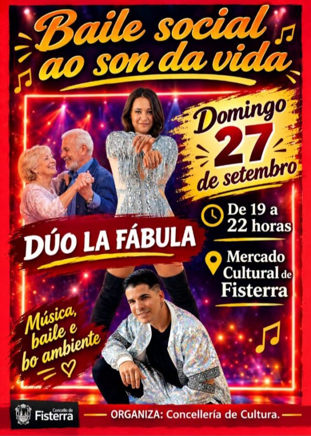 Cartel del Baile social Ao son da vida con Dúo La Fábula en el Mercado Cultural de Fisterra, domingo 27 de septiembre de 2026