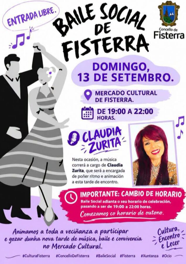 Cartel del Baile Social de Fisterra con Claudia Zurita en el Mercado Cultural