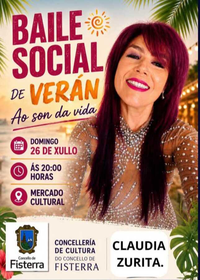 Cartel del Baile Social de Verano con Claudia Zurita en el Mercado Cultural de Fisterra el 26 de julio de 2026