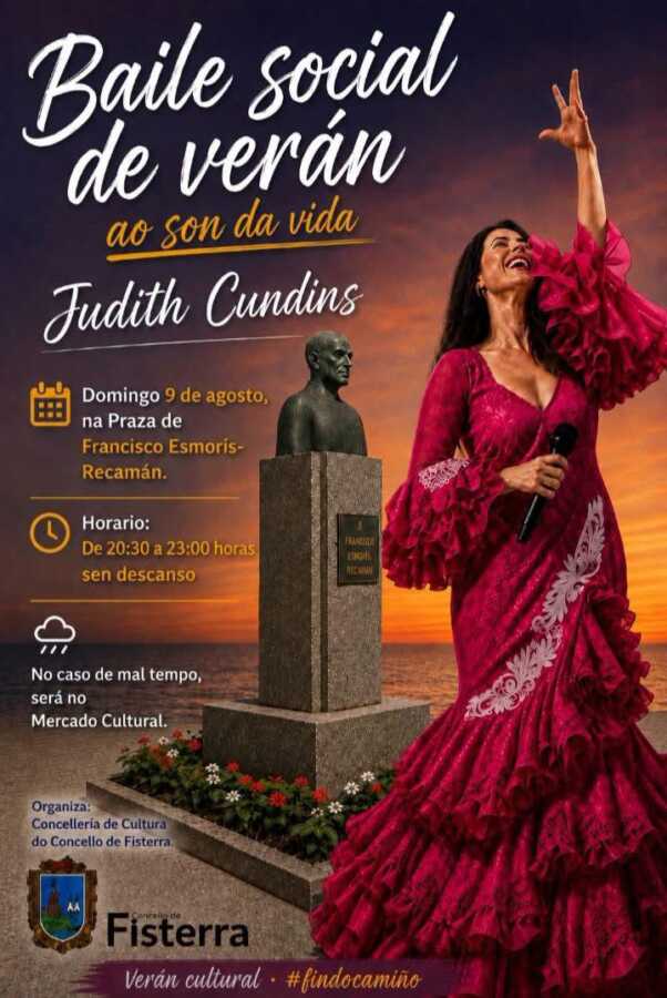 Cartel del Baile social de verán con Judith Cundins en la Praza de Francisco Esmorís Recamán de Fisterra