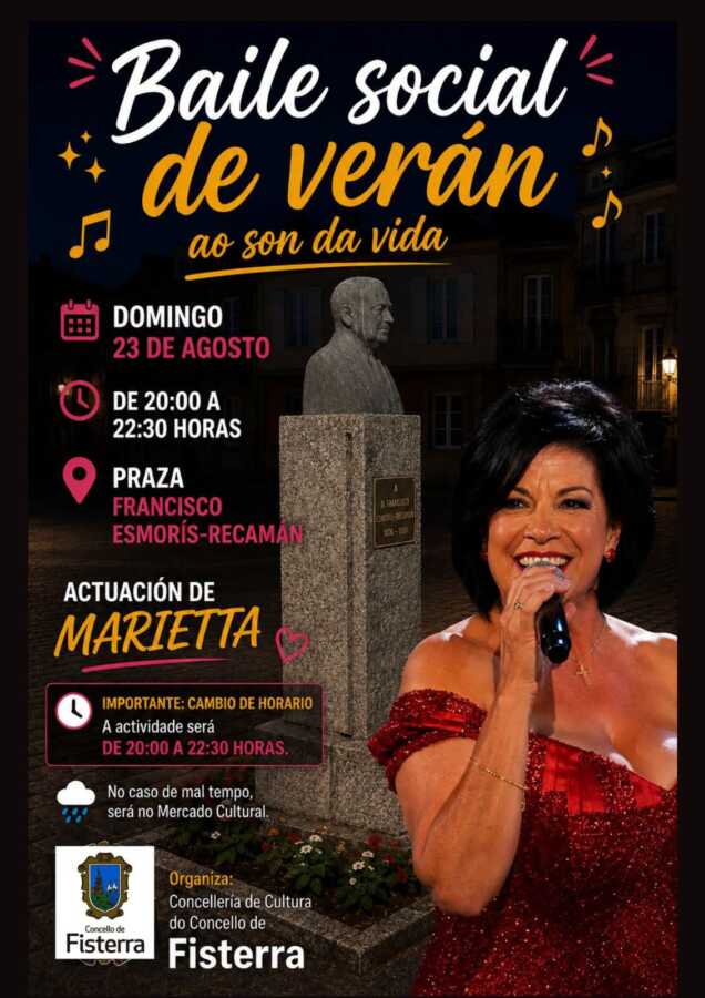 Cartel del Baile social de verán ao son da vida en Fisterra, con actuación de Marietta