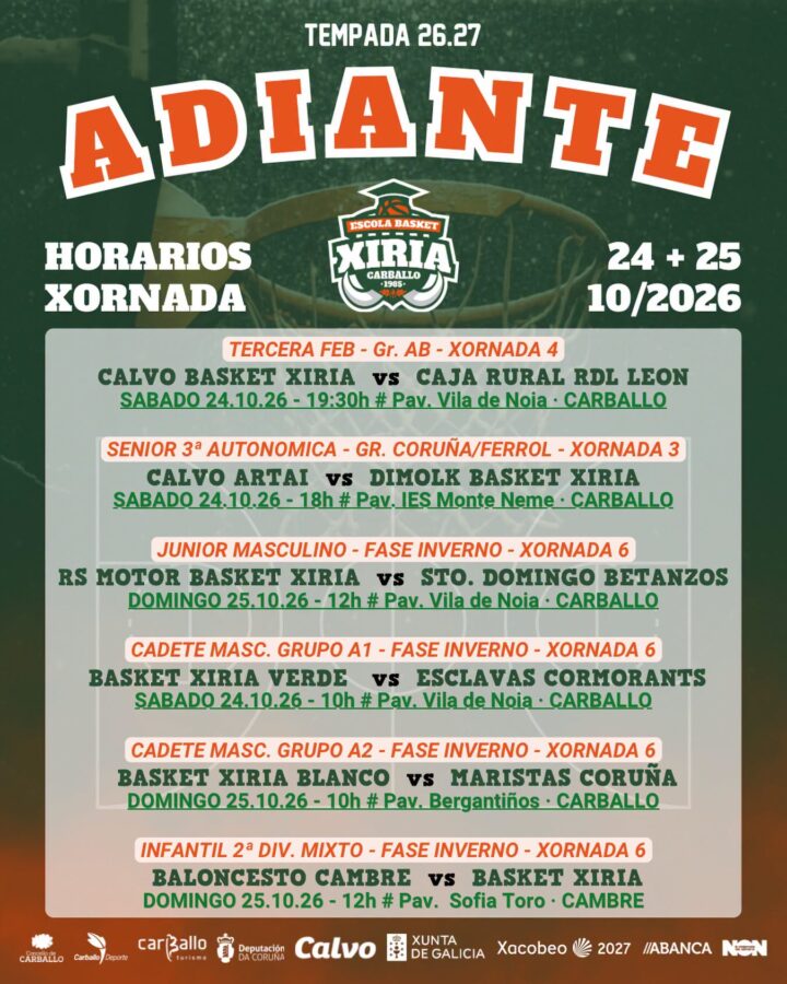 Calendario de seis partidos de Escola Basket Xiria el 24 y 25 de octubre de 2026 en Carballo y Cambre
