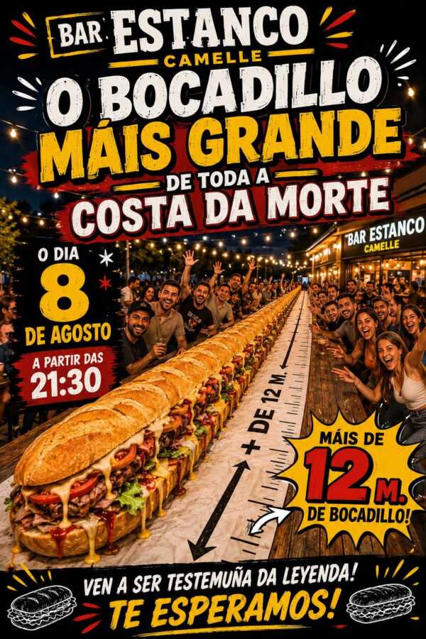 Cartel del bocadillo más grande de la Costa da Morte en el Bar Estanco de Camelle, el 8 de agosto de 2026